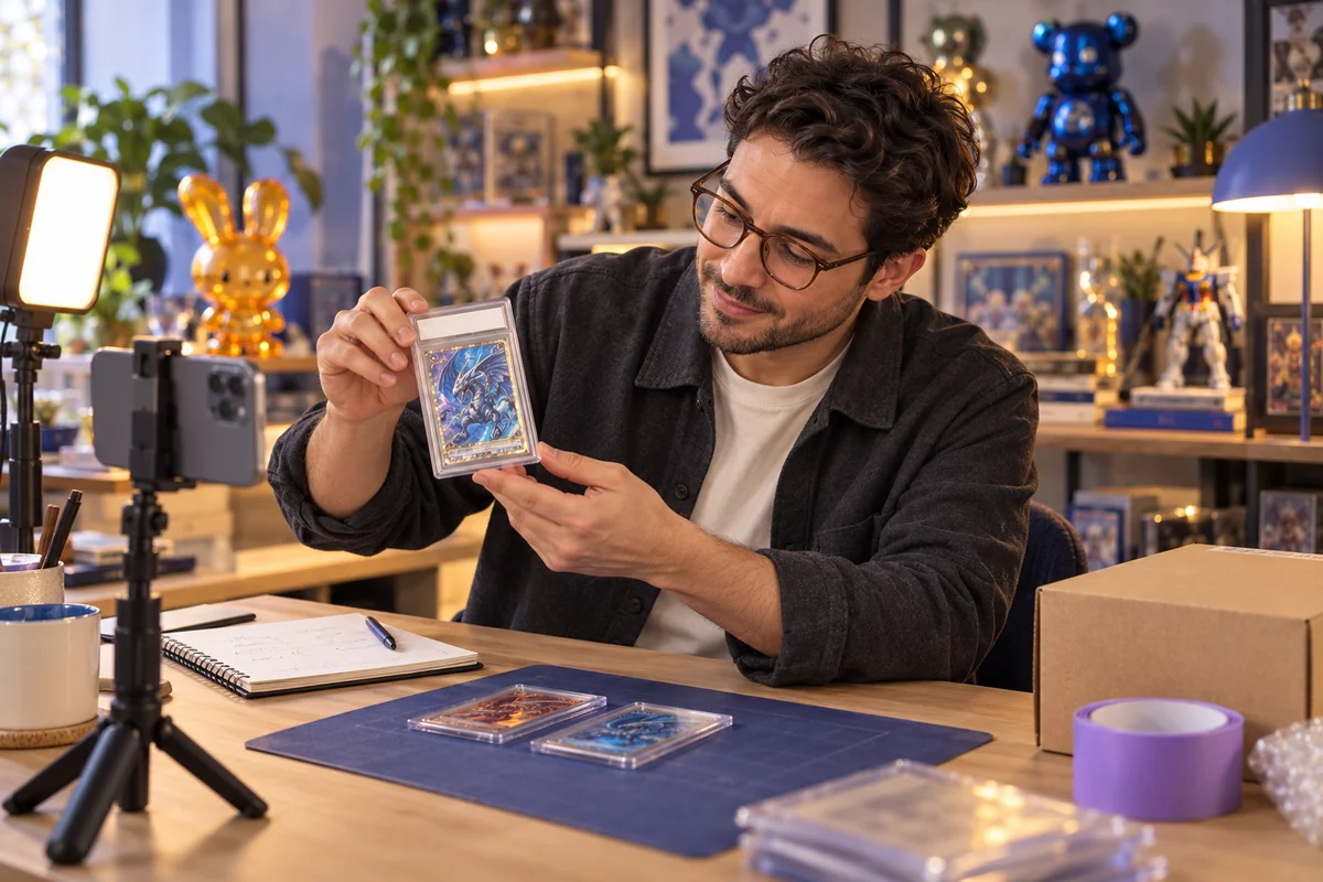 A seller with a phone and a light, preparing products and showing the details of a trading card to the camera.