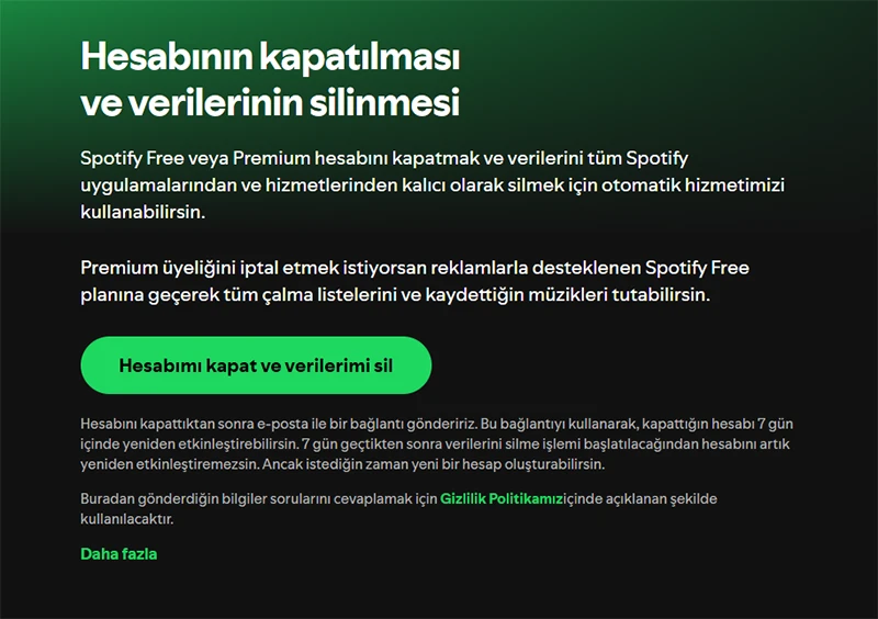 Spotify hesap silme kapatma